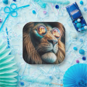 ネオンサングラスをかぶったライオン文字 ペーパープレート (パーティー)