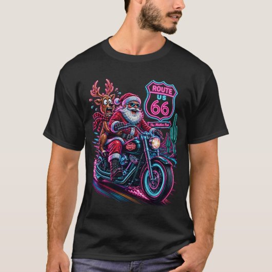 ネオンサンタ ルート66 クリスマスモーターサイクル ライド Tシャツ (正面)