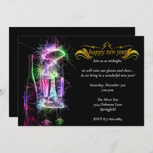 ネオンシエレガントャンパンニューイーブパーティー 招待状 (正面/裏面)
