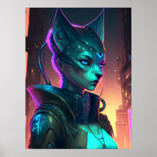 ネオンシティのサイバーパンク猫の女性 ポスター