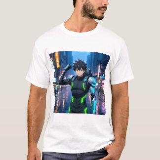 ネオンシティの未来的アニメサイボーグ少年 - SF Tシャツ