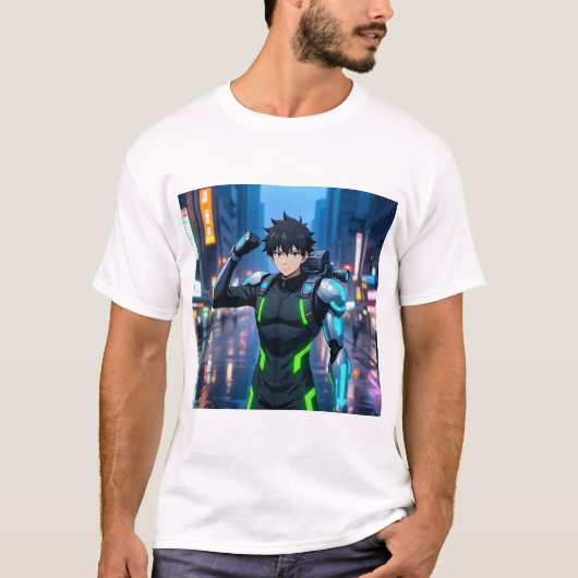 ネオンシティの未来的アニメサイボーグ少年 - SF Tシャツ (正面)
