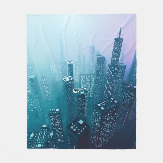 ネオンシベに超高層ビルを配置する未来の繁華街 フリースブランケット (正面)
