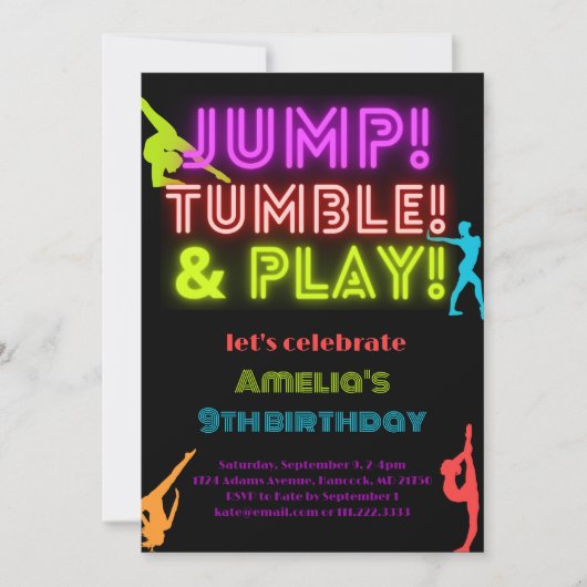 ネオンジャンプトランブ遊ル任意の誕生日体操 招待状 (正面)