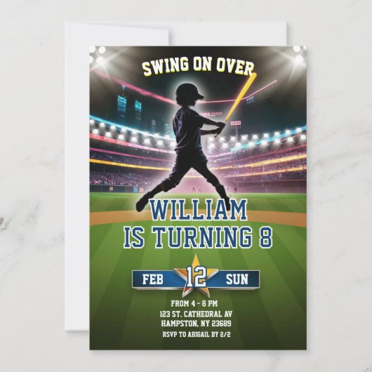 ネオンスイングオンオーバーベースボール誕生日 招待状 (正面)