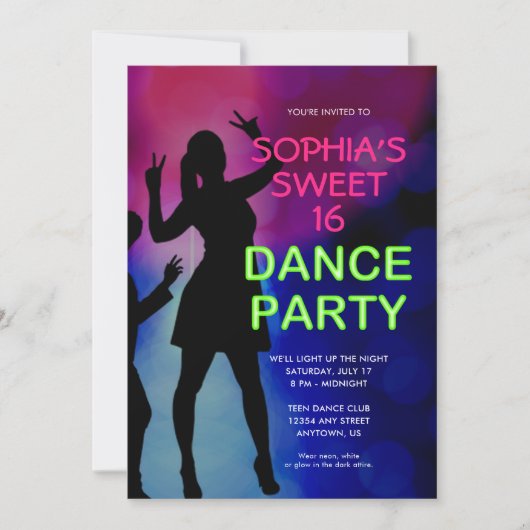 ネオンスウィート16誕生日ダンスパーティの招待状 招待状 (正面)