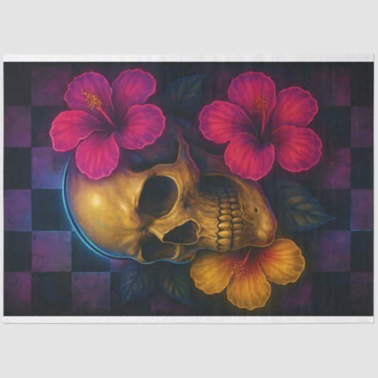 ネオンスカルとハイビスカスフラワーズデクページ紙 薄葉紙 (正面)