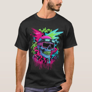 ネオンスカルエクスプロージョン - サイバーパンクストリートウェアアート Tシャツ