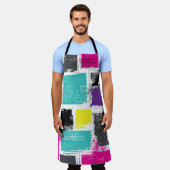 ネオンスクウェアレトロ抽象芸術パターン エプロン (着用した状態)