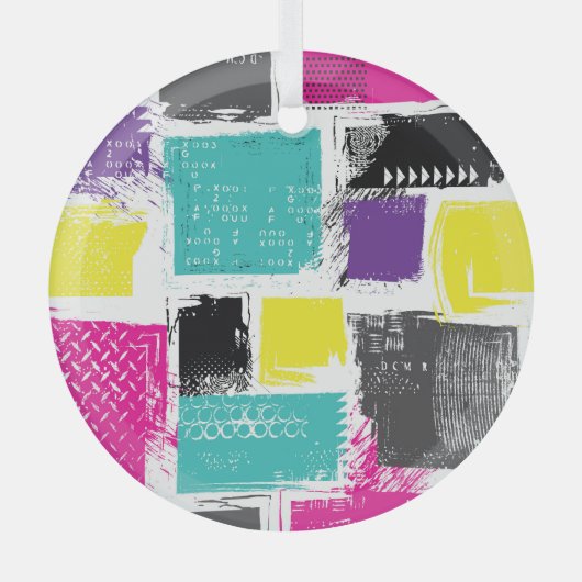 ネオンスクウェアレトロ抽象芸術パターン ガラスオーナメント (正面)