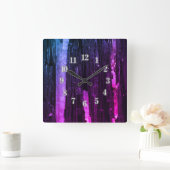 ネオンストライプのピンクと紫の抽象芸術モダン スクエア壁時計 (ホーム)