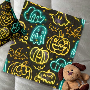 ネオンスプーキー ハロウィン おばけ コウモリ カボチャ デザイン フリースブランケット