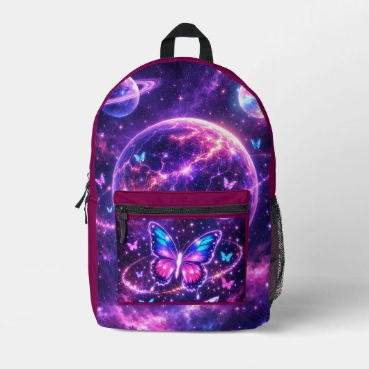 ネオンスペースバタフライ銀河アート プリントバックパック (正面)