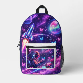 ネオンスペースバタフライ銀河アート プリントバックパック