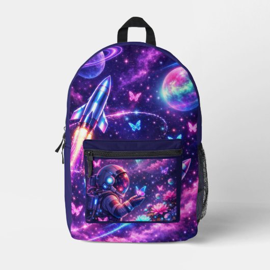 ネオンスペースバタフライ銀河アート プリントバックパック (正面)