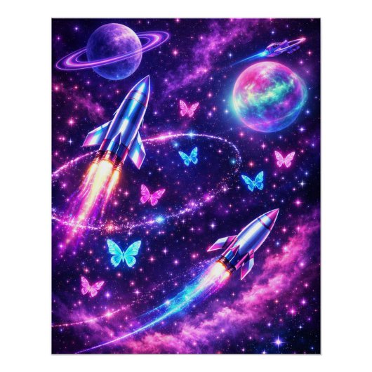 ネオンスペースバタフライ銀河アート ポスター (正面)