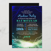 ネオンス白熱［赤熱］光を放つターズバー（ユダヤ教の）バル・ミツバー招待状ブルー 招待状 (正面/裏面)