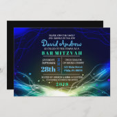 ネオンス白熱［赤熱］光を放つターズバー（ユダヤ教の）バル・ミツバー招待状ブルー 招待状 (正面/裏面)