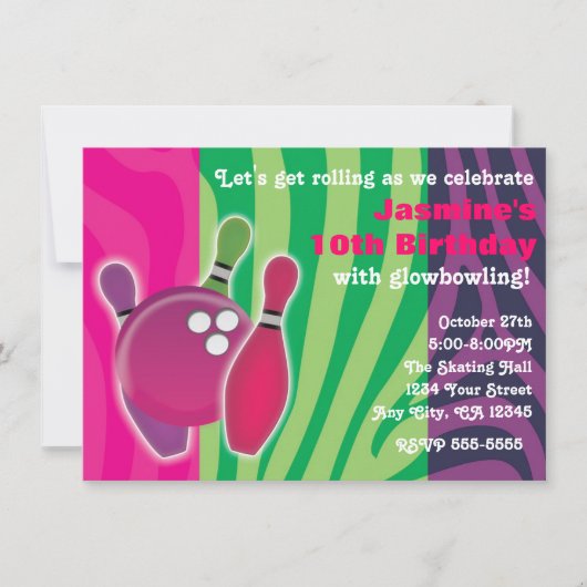 ネオンゼブラプリントボーリンググローボウルパーティー招待状 招待状 (正面)