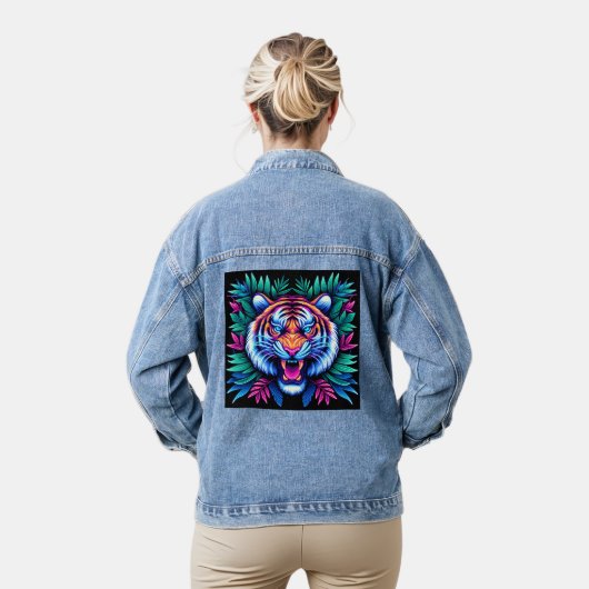 ネオンタイガーとジャングル葉の デニムジャケット (モデル)