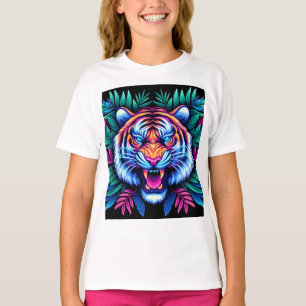 ネオンタイガーとジャングル葉の Tシャツ