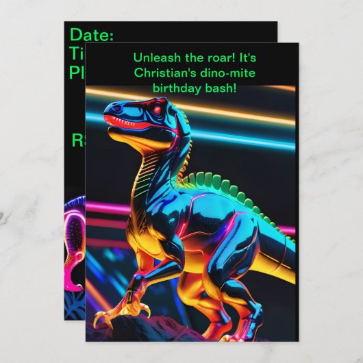 ネオンダイナソー少年誕生日 招待状 (正面/裏面)