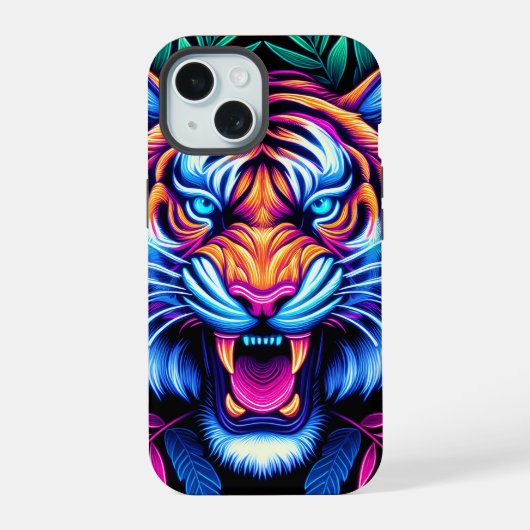 ネオンティガーとジャングルの葉 iPhone 15ケース (裏面)