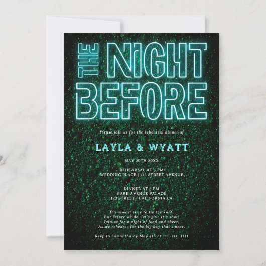 ネオンティール(緑がかった色)グリーンナイトのリハーサル前ディナー 招待状 (正面)