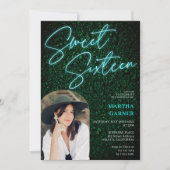 ネオンティール（緑がかった色）サインスクリプト緑のフォトアーチ甘い16 招待状 (正面)