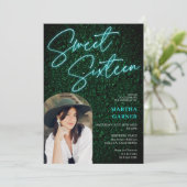 ネオンティール（緑がかった色）サインスクリプト緑のフォトアーチ甘い16 招待状 (スタンド正面)