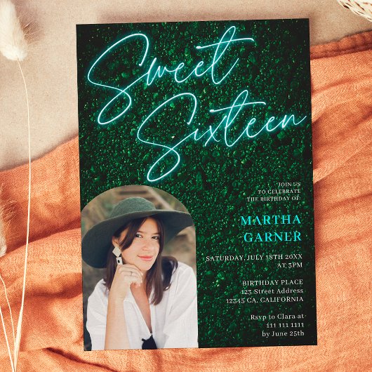ネオンティール（緑がかった色）サインスクリプト緑のフォトアーチ甘い16 招待状