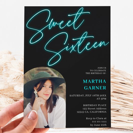 ネオンティール（緑がかった色）ブルーサインおもしろいフォトアーチ甘い16 招待状