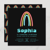 ネオンティール(緑がかった色)レインボーバースデーパーティー 招待状 (正面/裏面)