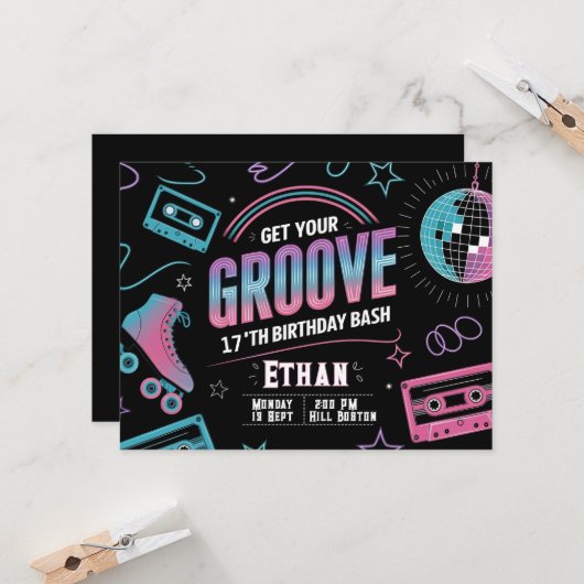 ネオンテーマ誕生日招待状カード 招待状 (正面/裏面インサイチュ)