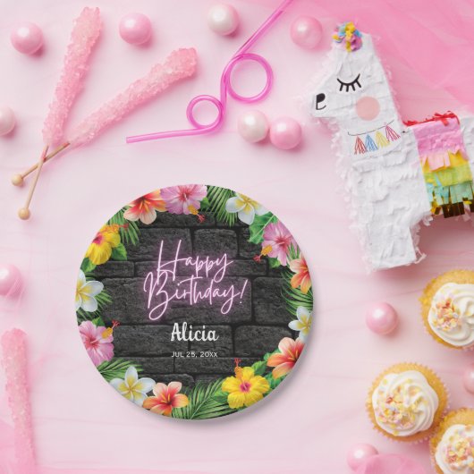 ネオントロピカルフォレストサマーハワイハッピーバースデー ペーパープレート (パーティー)
