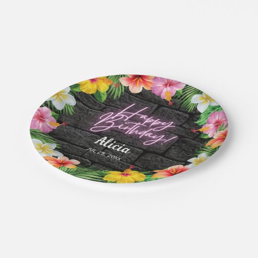 ネオントロピカルフォレストサマーハワイハッピーバースデー ペーパープレート (アングル)