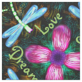 ネオントンボのピンクの花の黒のきらめくパターン ファブリック (クローズアップ)