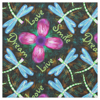 ネオントンボのピンクの花の黒のきらめくパターン ファブリック