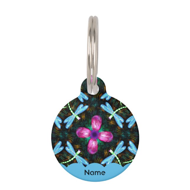 ネオントンボピンクフラワーブラックきらめく柄 ペット　ネームタグ (正面)