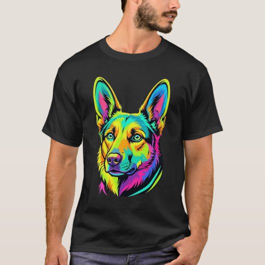 ネオンドッグカラフルベクター肖像画 Tシャツ (正面)