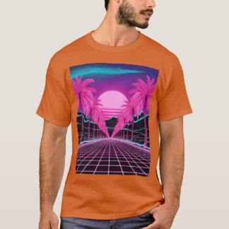 ネオンドリームスケープ レトロフューチャーシンスウェーブ 日没 v tシャツ