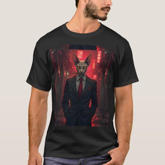 ネオンヌワール風スフィンクス猫のマフィアスタイル Tシャツ (正面)