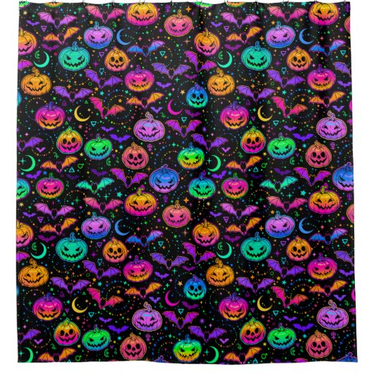 ネオンハロウィンジャック=O=ランタンこうもりと星 シャワーカーテン (正面)