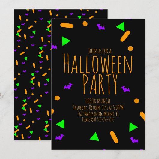 ネオンハロウィンスプリンクル誕生日パーティーイベント 招待状 (正面/裏面)