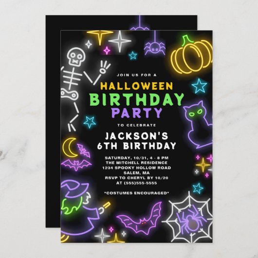 ネオンハロウィーンボーイズ6誕生日衣装パーティー 招待状 (正面/裏面)
