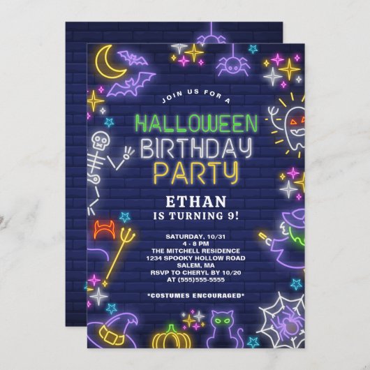 ネオンハロウィーン9th誕生日パーティー 招待状 (正面/裏面)