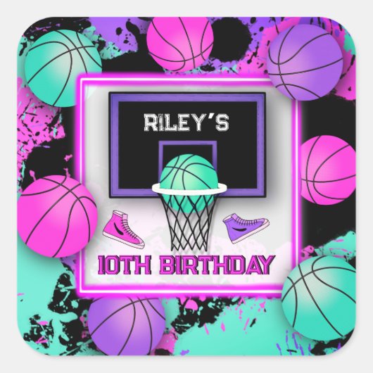 ネオンバスケットボールスニーカー絵を描&(ばちゃばちゃ)跳ねる誕生日 スクエアシール (正面)