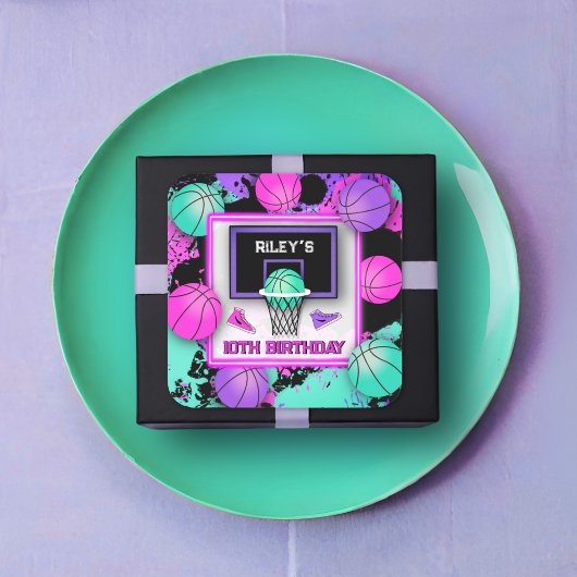 ネオンバスケットボールスニーカー絵を描&(ばちゃばちゃ)跳ねる誕生日 スクエアシール