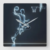 ネオンバスケットボールプレーヤーとライトトレイル スクエア壁時計 (正面)