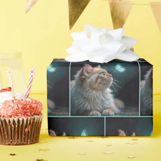 ネオンバタフライとふわふわの猫 ラッピングペーパー (誕生日パーティー)